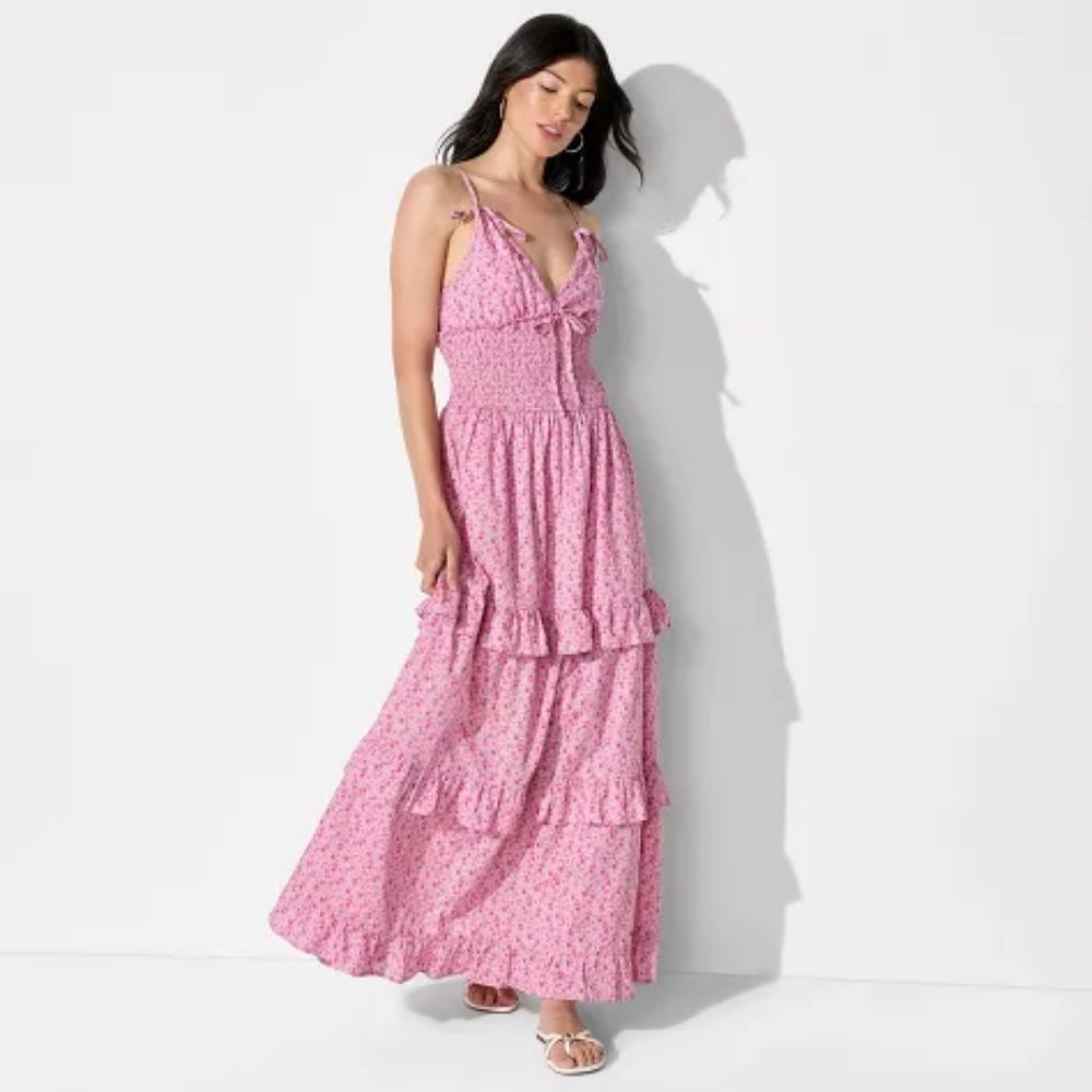 Wild Fable XL - Women's Smocked Maxi A-Line Dress - Wild Fable Pink Ruffle